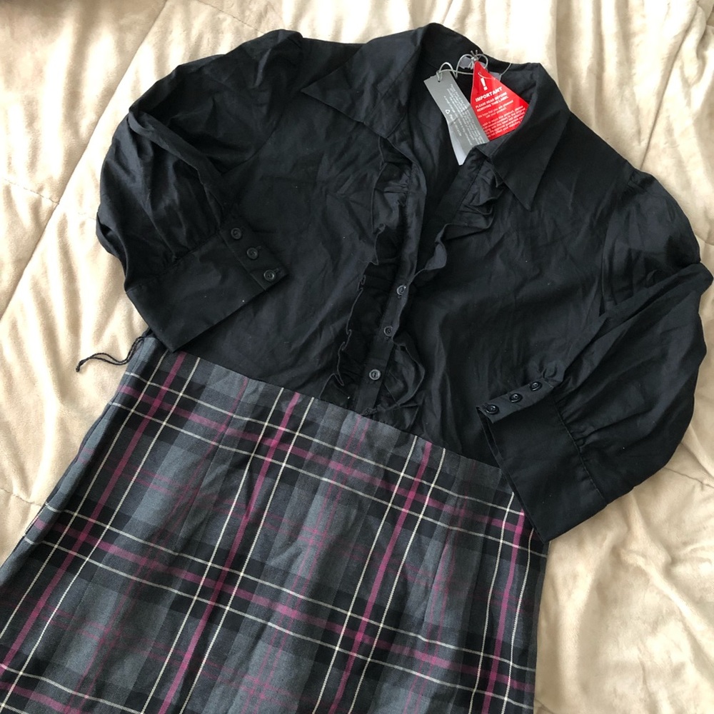Professional Dress; One-Piece Outfit Black, Grey, & Purple Plaid Skirt, UK 14